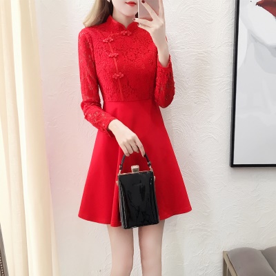 蕾丝大红色礼服裙女2025新款改良旗袍回门服新娘宴会订婚连衣裙子