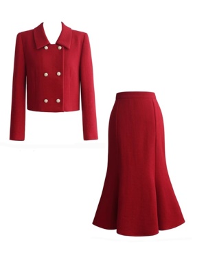 2025冬季新款过年红色毛呢小香风套装裙高级感时尚气质名媛两件套