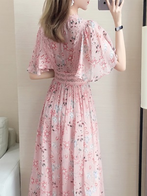 碎花雪纺短袖连衣裙2025新款夏很仙的中国风改良旗袍长裙甜美气质