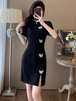 夏季新中式国风改良旗袍短袖连衣裙女气质送考收腰黑色裙子小个子