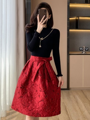 秋冬季红色礼服提花修身显瘦毛衣国风中式连衣裙小个子喜庆高级感