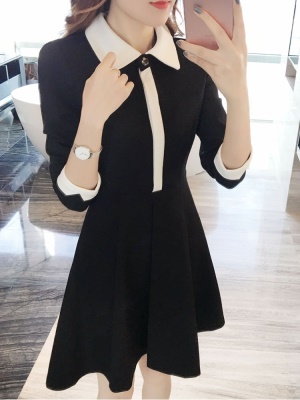 秋季黑色长袖职业OL通勤连衣裙小个子娃娃领心机小黑裙赫本风短裙