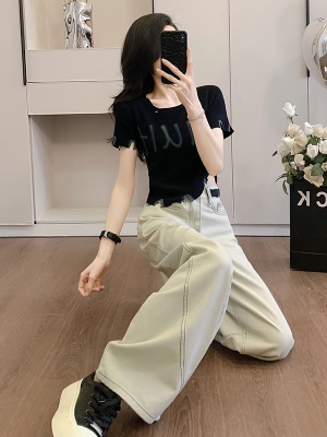 夏季穿搭一整套时尚气质t恤上衣两件套高级感气质阔腿牛仔裤套装