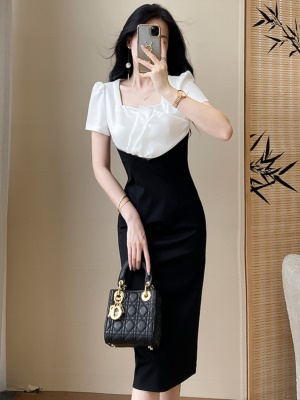 2025新款女夏季职业显瘦连衣裙拼接修身收腰气质通勤礼服高端裙子