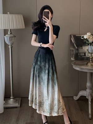 水墨两件套旗袍套装半身裙子女夏季新款中式气质国风高级感连衣裙