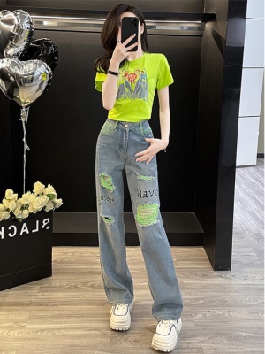 青春活力时尚套装女夏季新款多巴胺显高短袖T恤阔腿牛仔裤两件套