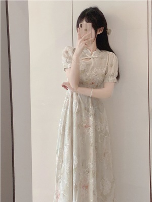 2025新款中式国风改良旗袍裙法式收腰气质高级感长裙连衣裙子夏季