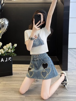 小香风减龄穿搭休闲套装女夏季时尚炸街短袖牛仔短裤裙两件套显高