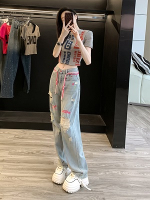 时尚休闲套装夏季穿搭一整套2025新款短款t恤破洞牛仔裤两件套女