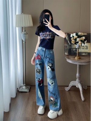 今年流行夏装穿搭一整套时尚休闲减龄炸街牛仔阔腿裤两件套装显瘦