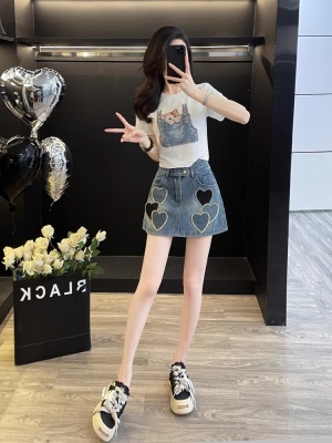 小香风减龄穿搭休闲套装女夏季时尚炸街短袖牛仔短裤裙两件套显高