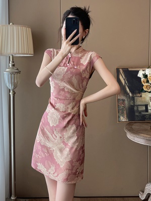 新中式国风改良旗袍裙女夏复古立领洋气减龄褶皱显瘦连衣裙小个子