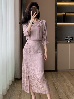 富贵改良禅意旗袍套装紫色新中式国风半身裙包臀盘扣开衩裙子女夏