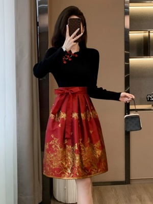 秋冬季新款中式连衣裙高级感中国风女装马面裙旗袍红色礼服裙气质