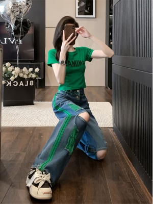 潮牌休闲时尚套装女夏新款洋气显瘦百搭T恤破洞牛仔阔腿裤两件套
