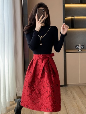 秋冬季红色礼服提花修身显瘦毛衣国风中式连衣裙小个子喜庆高级感