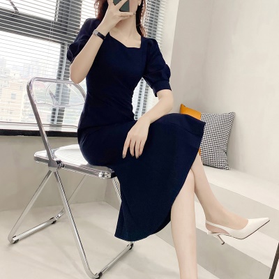 连衣裙夏收腰显瘦泡泡袖鱼尾裙礼服裙轻奢小众高端中长款过膝长裙