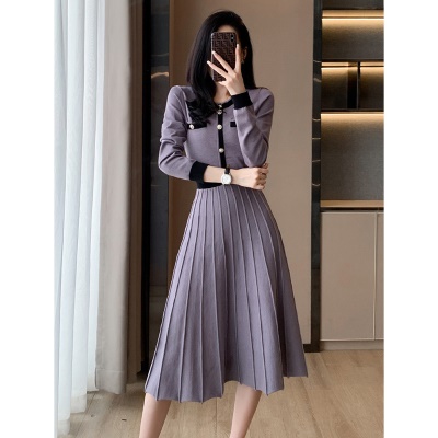 名媛小香风秋冬针织连衣裙高腰a字中长裙气质外穿毛衣配大衣内搭