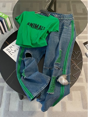 潮牌休闲时尚套装女夏新款洋气显瘦百搭T恤破洞牛仔阔腿裤两件套