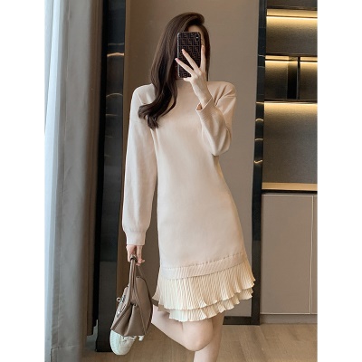法式针织连衣裙女秋冬打底配大衣内搭中长款小个子假两件毛衣裙子