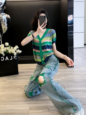 多巴胺休闲时尚套装女夏季新款针织条纹短袖上衣阔腿牛仔裤两件套