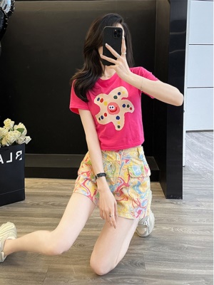 多巴胺休闲运动套装女夏季炸街洋气时尚短袖花色牛仔短裤两件套潮