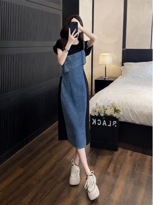 拼接背带假两件牛仔连衣裙女夏季高端气质精致宽松遮肚子显瘦长裙