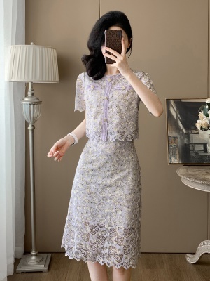 2025夏季新款时尚气质紫色蕾丝连衣裙两件套显瘦高级感半身裙套装