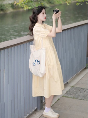 法式温柔风黄色全棉衬衫连衣裙仙女装夏季新款中长款收腰短袖裙子