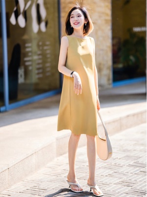 御姐风职业黄色无袖背心连衣裙女夏气质名媛高端女神范高级感裙子
