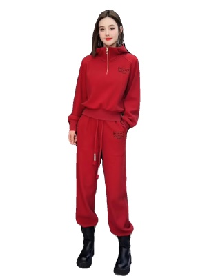 加绒加厚红色新年休闲运动套装女秋冬季新款时尚卫衣卫裤两件套装
