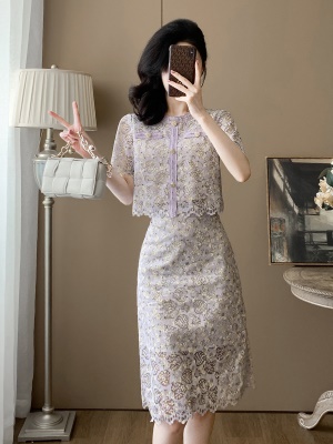 2025夏季新款时尚气质紫色蕾丝连衣裙两件套显瘦高级感半身裙套装