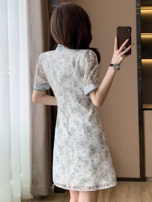 高级感国风短袖碎花连衣裙小个子气质收腰显瘦改良旗袍裙子女夏天