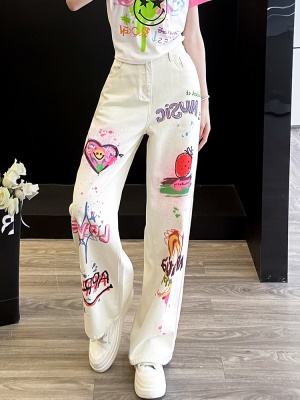多巴胺休闲运动套装女夏季炸街洋气涂鸦短袖T恤牛仔阔腿裤两件套