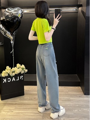 青春活力时尚套装女夏季新款多巴胺显高短袖T恤阔腿牛仔裤两件套