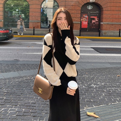 秋冬季港风复古chic配大衣小香风毛衣连衣裙子套装裙两件套女装潮