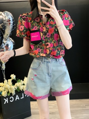 多巴胺休闲运动套装女夏季减龄时尚时髦洋气质衬衫牛仔短裤两件套