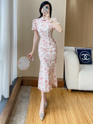 新中式国风汉服旗袍连衣裙女夏气质高级感晚礼服碎花包臀鱼尾裙子