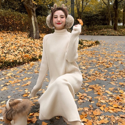 2025新款配大衣打底长款毛衣裙过膝法式内搭高领针织连衣裙女秋冬