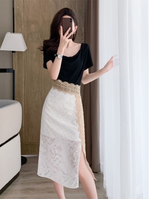 黑色拼接蕾丝包臀连衣裙女夏季显瘦气质高级感中长款法式中长裙子