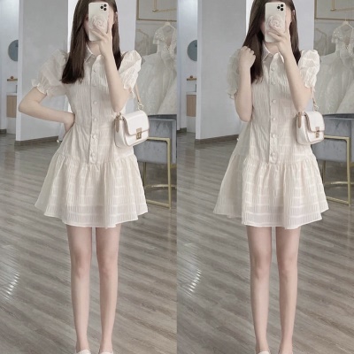 新款设计感小众小个子法式高级感泡泡袖小香风连衣裙子女夏