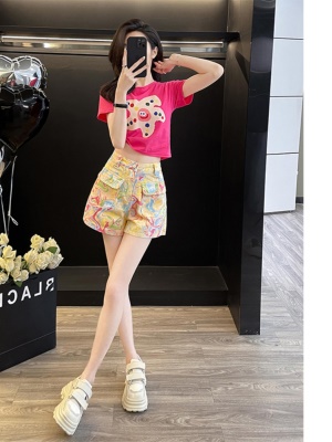 多巴胺休闲运动套装女夏季炸街洋气时尚短袖花色牛仔短裤两件套潮