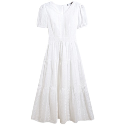 白色短袖连衣裙女仙2025夏季新款名媛气质修身收腰显瘦高级感长裙