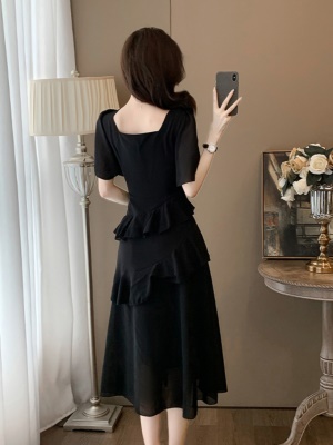 2025新款赫本风高端精致法式气质高级感雪纺黑色连衣裙女夏小黑裙