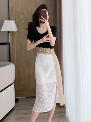 黑色拼接蕾丝包臀连衣裙女夏季显瘦气质高级感中长款法式中长裙子