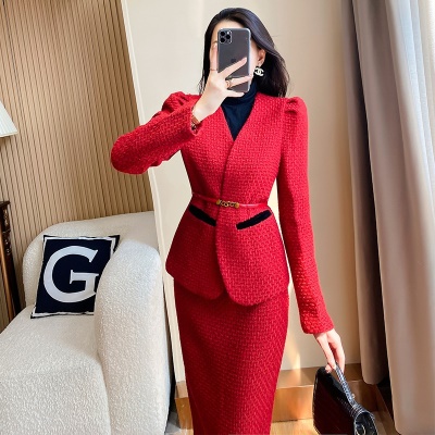 小香风套装2025秋冬新款女装红色礼服裙名媛气质轻奢半身裙两件套