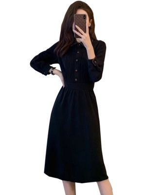 黑色小香风气质衬衫职业连衣裙女春秋收腰显瘦高级感赫本风小黑裙