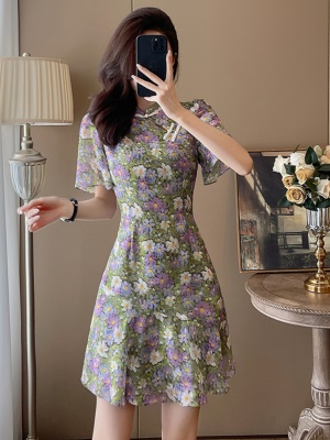 紫色仿真丝鱼尾连衣裙女夏季2025新款高端年轻款雪纺改良旗袍裙潮