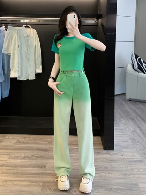多巴胺休闲时尚套装女夏季炸街绿色短袖牛仔阔腿裤两件穿搭一整套