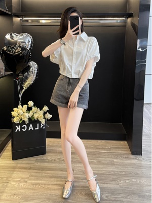 2025夏装搭配一整套白色职业短袖衬衫牛仔短裤休闲时尚两件套女装